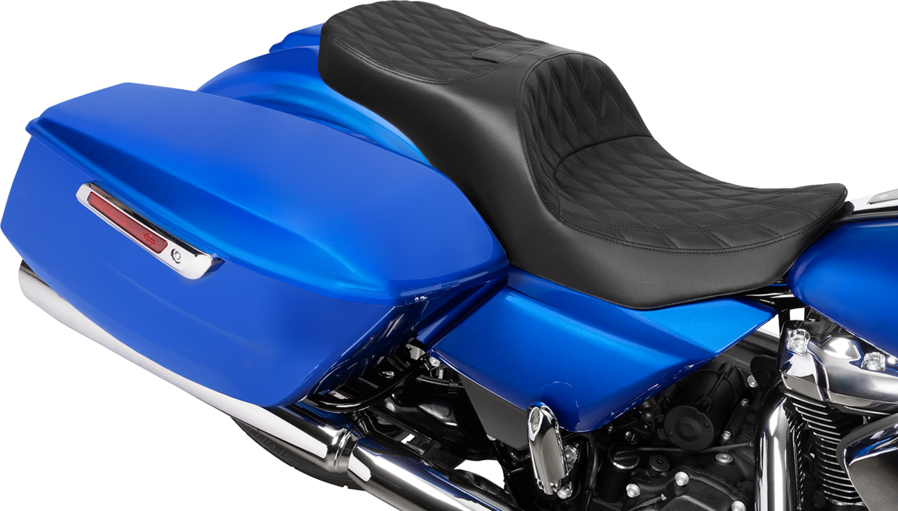 DRAG SPECIALTIES SEATS Forward Position Freedom Seat 4715F for FLH/FLT '23-'25 - Vinyl and Solar Leather in Black Double Diamond Stitch