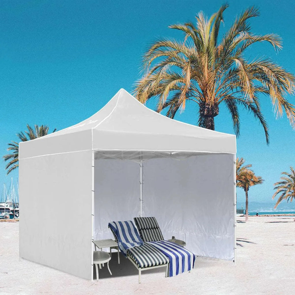 REDCAMP 10x6.2ft Instant Canopy Sidewall for 10x10ft Pop Up Canopy displayed in a sunny beach setting with relaxing lounge chairs.