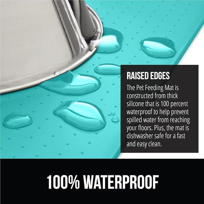 GORILLA GRIP 100% Waterproof Raised Edge BPA Free Silicone Pet Feeding Mat, Dog Cat Food Mats Contain Spills Protects Floors, Placemats for Cats and Dogs Water Bowl, Pets Accessories 23x15 Turquoise