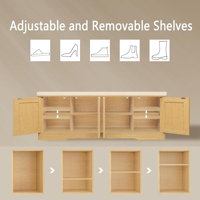 DINZI LVJ Shoe Bench, Entryway Storage Bench with Doors, Cushion, 2-Tier Shoe Rack with 8-Cubby, 47.2”L x 13.8”W Shoe Organizer Cabinet, Adjustable Shelf, Living Room, Bedroom, Natural with Rattan