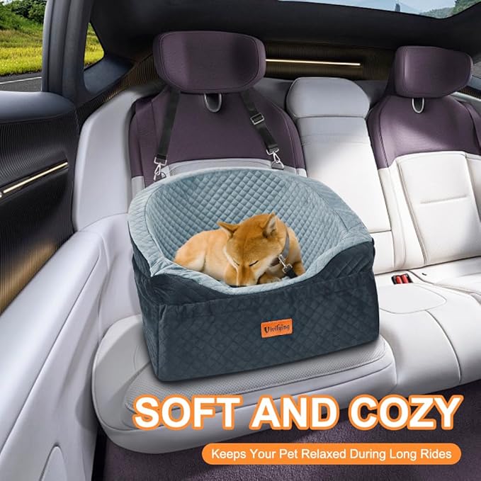 Vivifying Dog Car Seat for Small & Medium Dogs, Detachable & Washable Booster Seat for Pets Up to 30lbs, Travel Bed with Storage Pockets and Safety Belt – Gray&Black
