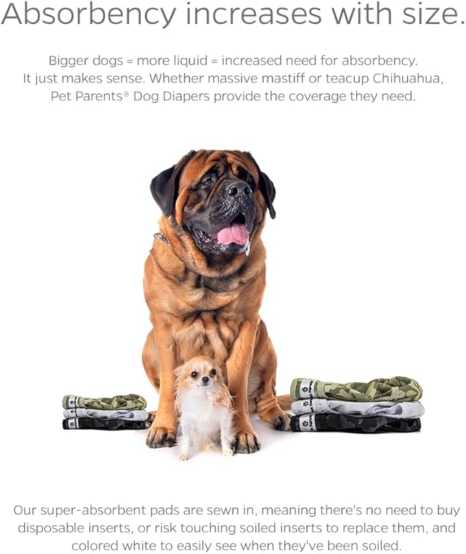Pet Parents® Washable Dog Diapers (3pack) + Extendrs® of Durable Doggie Diapers, Premium Dog Diapers Female & Male (Small, Camo)