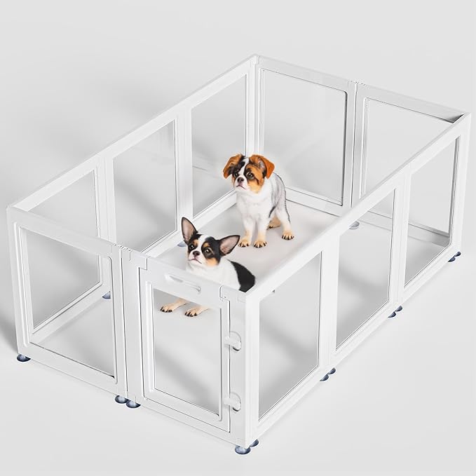 Dog Playpen Transparent Puppy Playpen Indoor, Easy Assemble & Disassemble Clear Pet Playpen, Sturdy & Easy Cleaning Plastic Dog Fence with Suction Cup (23.6"" H, 10PCS), White