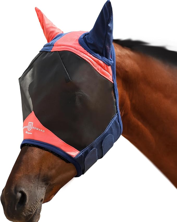 Harrison Howard Pro Luminous Horse Fly Mask Large Eye Space Half Face with Ears UV Protection for Horse Coral Orange/Navy XL