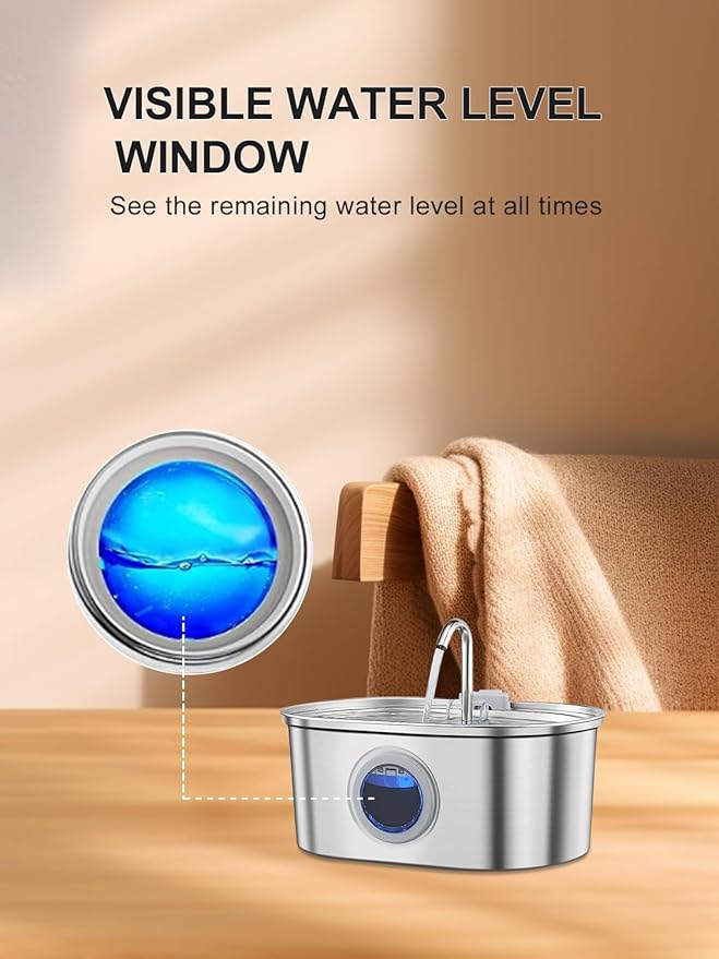 Cat Water Fountain Stainless Steel with Water Level Window,108oz/3.2L Cat Fountain Quiet Automatic Pet Water Fountain for Cats and Small Dogs