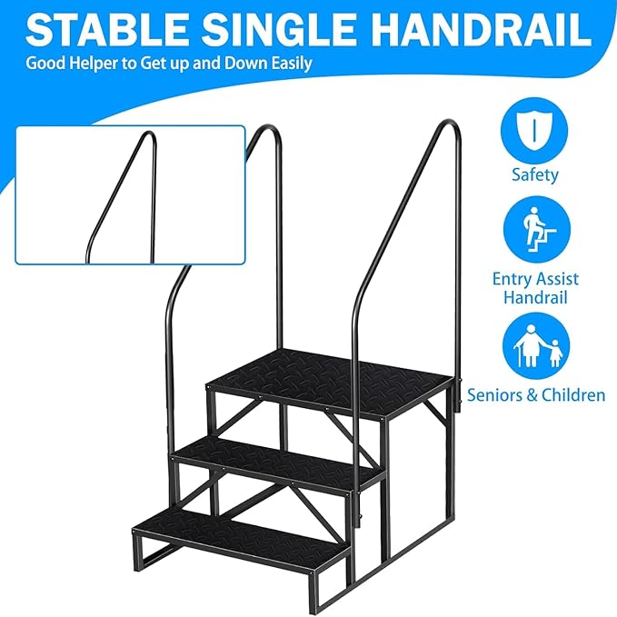 RV Step 3 Step Ladder, Upgrade RV Step with Handrails, Heavy Duty RV Stairs with Anti-Slip Pedal Hot Tub Steps, Removable Camper Step for Spa/Porch/Pet/Mobile Home（2 Handrails