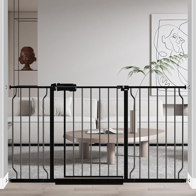 Fairy Baby Extra Wide Baby Gate Black 53-57.5 Inch Wide, Walk Through Pressure Mounted No Drill, Long and Large Tension Gate for Pet and Kids