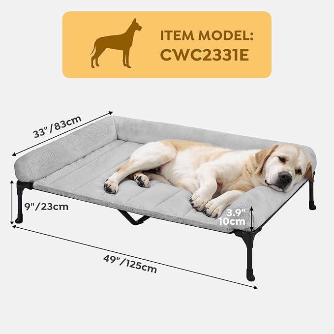 Veehoo Cooling Elevated Dog Bed with Fluffy Plush Bolster Cushion, Indoor Raised Dog Beds for Large Dogs, Soft Pet Sofa Cot with Removable Washable Mat, No-Slip Feet, 49 x 33 inches, Grey