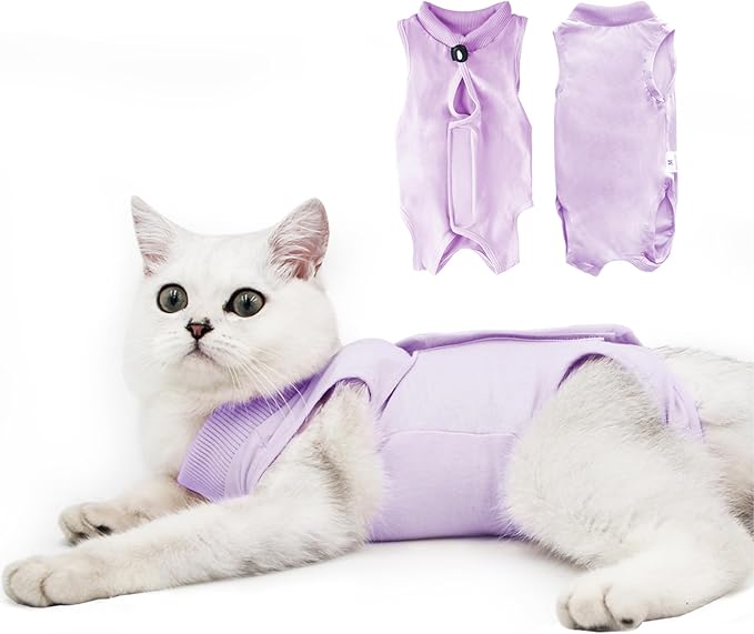 DOTON Cat Recovery Suit for Male and Female Surgical Post Surgery Soft Cone Onesie Shirt Clothes Neuter Licking Protective Diapers Outfit Cover Kitten Spay Collar(M, Purple)