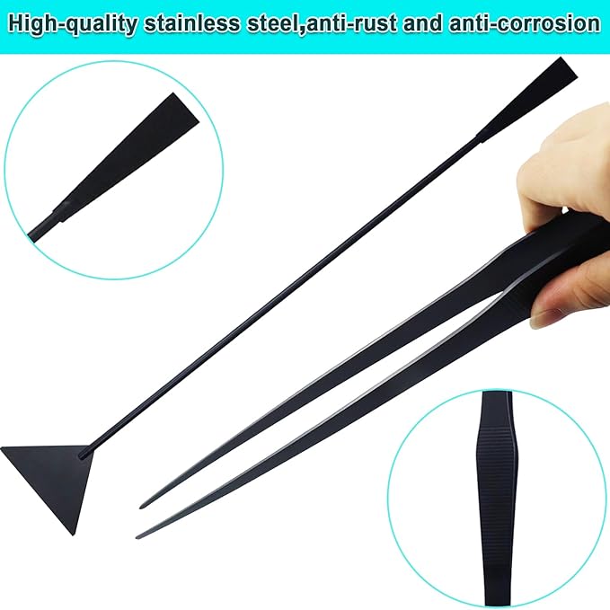 Aquarium Aquascape Tools Kit, Long 15 Inch Stainless Steel Aquatic Plants Tools, 4 in 1 Anti-Rust Black Aquascaping Tweezers Scissors Spatula Scrapers Tool Set for Fish Tank Cleaning Plant Trimming