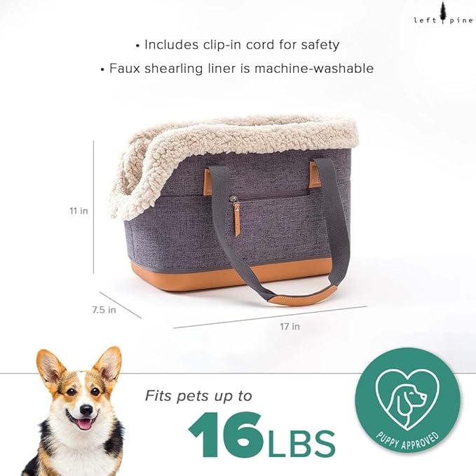 LeftPine x P.L.A.Y. Deluxe Dog Carrier Purse - Soft Sided Pet Travel Tote for Small Dogs & Puppies up to 16 Pounds - Built-in Safety Leash, Machine Washable, Removable Liner, Zipper Pocket (Charcoal)