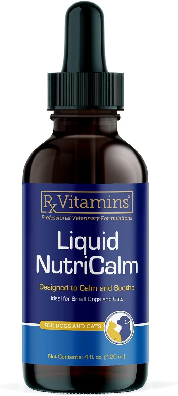 Rx Vitamins Liquid NutriCalm Cat & Small Dog Anxiety Relief - Sleep Aid - Calming Supplement - Dog Bark Control & Stress Relief - Salmon Flavor - 4 oz