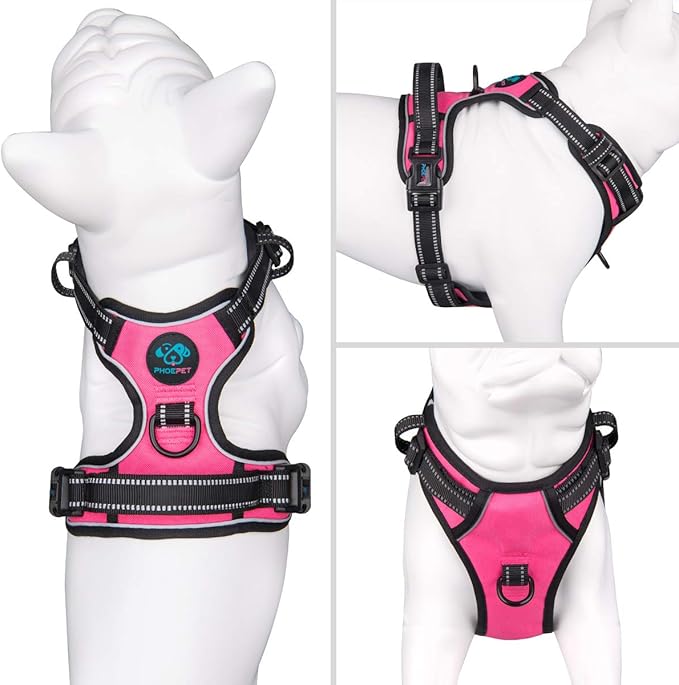 PHOEPET No Pull Dog Harnesses for Small Puppies Reflective Adjustable Front Clip Vest with 2 Metal Leash Attachment Hooks Soft Handle(XS, Pink)