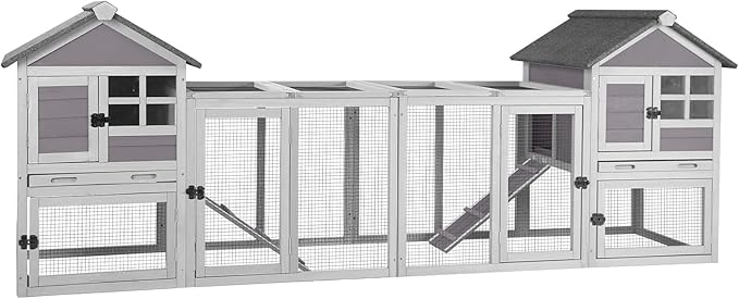 Aivituvin Rabbit Hutch Indoor Bunny Cage Outdoor with Run Chicken Coop Guinea Pig House with Waterproof Asphalt Roof,No Leakage Pull Out Tray (103.2" L x 25.2" W x 36.2" H, Grey-2 Sets)