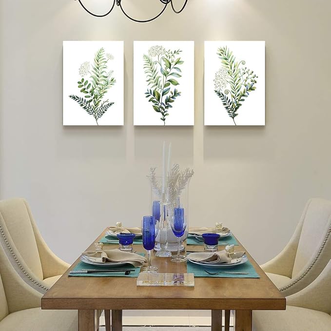 3 Pieces Framed Wall Art for Living Room Bathroom Wall Decorations Kitchen Wall decor Canvas Print decor modern Simple Bedroom Home Decoration Green leaves Poster wall paintings