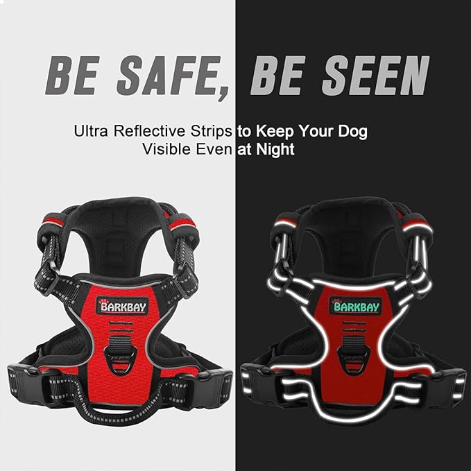 BARKBAY No Pull Dog Harness Front Clip Heavy Duty Reflective Easy Control Handle for Large Dog Walking(Red,L)