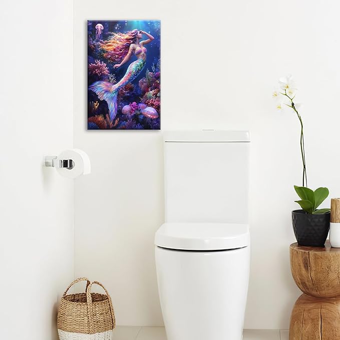 Sea Mermaid Bathroom Pictures Wall Art, Ocean Mermaid Bathroom Wall Decor, Aesthetics Framed Painting Canvas Artwork for Bedroom Living Room Decorations 24"L x 16"W