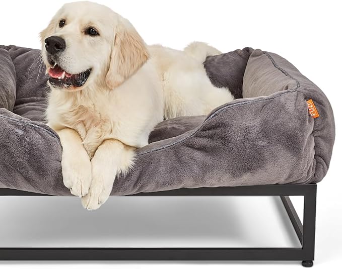 FUZI Luxury Aesthetic Dog Bed with Extra Cover for Large Dogs, Washable Pet Couch, Pet Bed with Sides, Non-Slip Bottom, Soft and Durable Calming Dog Bed, Faux Rabbit Fur, Large 35.6x28.5x9.5 Dark Grey