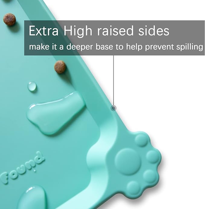 Hoki Found L Silicone Non Slip Pet Food Mats - Cat & Dog Bowl Placemats - Waterproof Feeding Mats for Carpet - Cool Mint