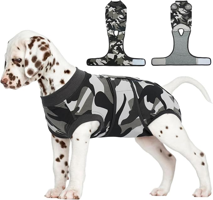 FUAMEY Dog Recovery Suit Male,Dogs Surgery Neuter Suits Puppy Spay Shirts for Female Protect Dog's Skin Anti Licking Abdominal Wounds Doggie Onesie Pet Bodysuit Alternative to Cone Grey Camouflage XS