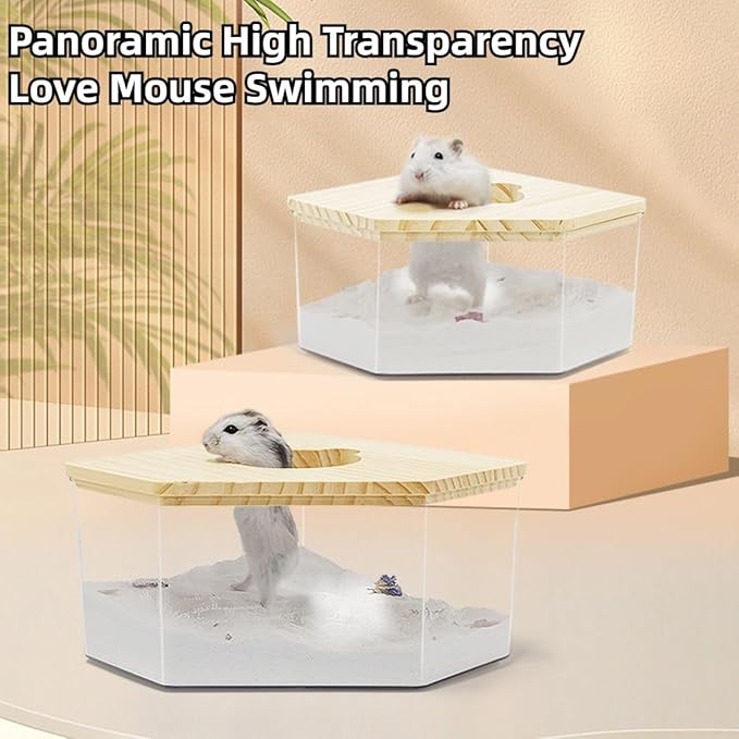 Hamster Sand Bath Box Container, Small Pet Sandbox Lid Design Wooden Sandbox Dust Bath, Transparent Bathroom & Digging Box Acrylic Syrian Hamster Litter Box Animal Accessories (D Small)