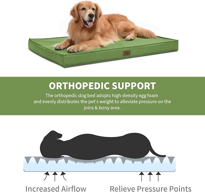Outdoor Extra Large Dog Bed for Big Dogs, Waterproof Dog Bed for Large Dogs, Egg Crate Foam XL Pet Bed with Removable Washable Oxford Cooling Cover, Light Green