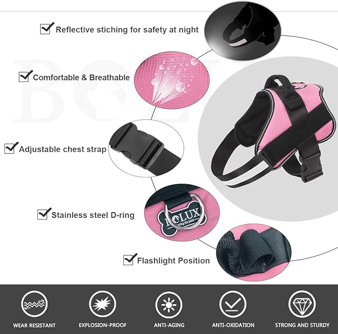 Bolux Dog Harness, No-Pull Reflective Dog Vest, Breathable Adjustable Pet Harness with Handle for Outdoor Walking - No More Pulling, Tugging or Choking (Pink, L)