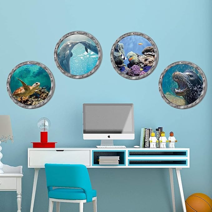 4 PCS Removable 3D Under The Sea Nature Scenery Wall Decals - Animals Wall Sticker Home Wall Art Decor for Bathroom Bedroom Door Kids Baby Nursery Room - Includes Turtles, Dolphins, Sea Lions, Coral