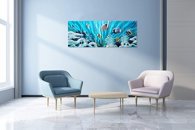 SYGALLERIER Fish Metal Wall Art Hand Crafted Large 3D Sea Life Pictures Modern Abstract Coastal Aluminum Artwork Contemporary Sculpture for Living Room Bedroom Dinning Decor