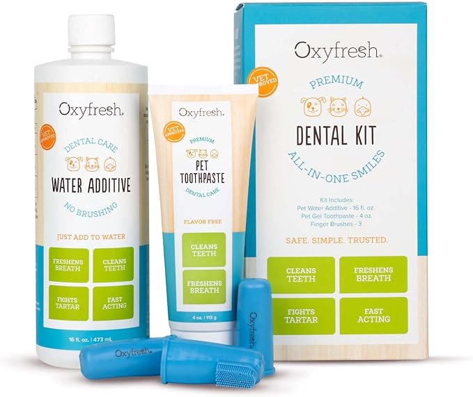 Oxyfresh Premium Pet Dental Kit for Dogs & Cats – Easy Solution for Dog and Cat Fresh Breath, Clean Teeth, Control Plaque & Tartar – Vet Formulated Pet Toothpaste 4oz + Water Additive 16oz Kit