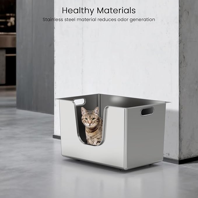 Enclosed Stainless Steel Cat Litter Box 13.8” High Sides, Extra Large Litter Box for Big Cats, XL Metal Kitty Litter Pan Pet Toilet with Wheels for Easy Mobility, Anti-Leakage, Non-Sticky, Easy Clean