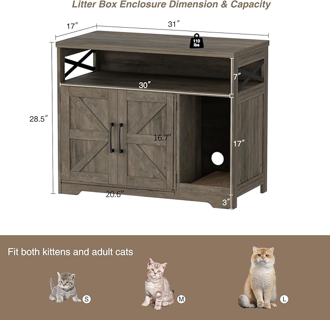 Cat Litter Box Enclosure, Hidden Litter Box Furniture with Scratch Pad, Farmhouse Indoor Cat House Washroom End Table, Grey