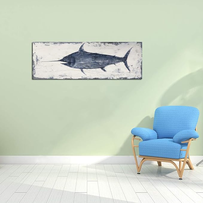 Yihui Arts Indigo Blue Swordfish Canvas Wall Art Painting Pictures for Living Room Bedroom Bathroom Decor