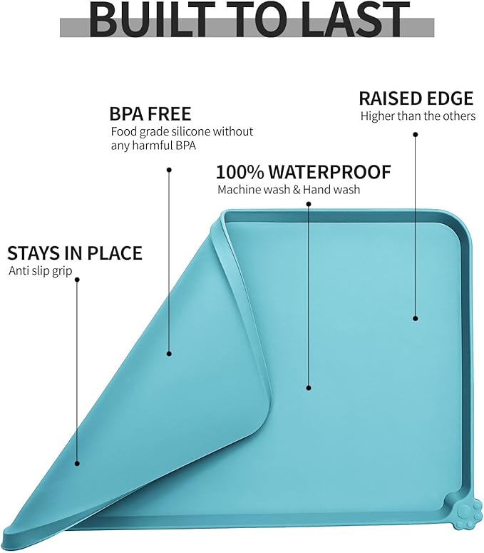 Waterproof Pet Feeding Mat with High Raised Edges, Heavier and Thicker Placemats for Cat Dog Water Bowl with BPA Free, Dogs Cats Food Mats for Messy Drinkers to Prevent Spill and Protect Floors