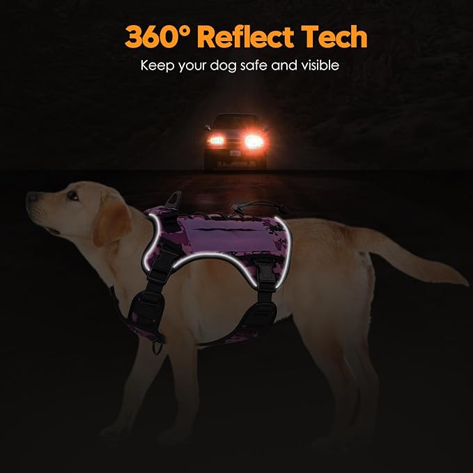 Heavy-Duty Tactical Dog Harness for Large Dogs, No Pull Adjustable Reflective Pet Vest with Molle System, K9 Military-Grade Control for Service Training, Outdoor & 10+ Breeds, Purple Camo, X-Large