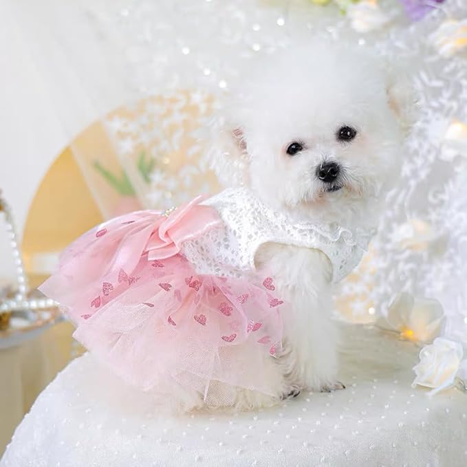Dog Princess Dress with Heart Patterns & Bow Puppy Clothes for Small Dogs Girl Fancy Cat Birthday Outfit Pet Wedding Dresses(Pink White, Large)