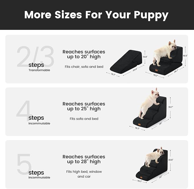 Gardner Pet Dog Stairs for Small Dogs 19.7" H, 4-Step Black Curved Pet Stairs, Dog Steps for High Bed (18-24 in), Couch with Durable Non-Slip Waterproof Fabric Cover and CertiPUR-US Certified Foam