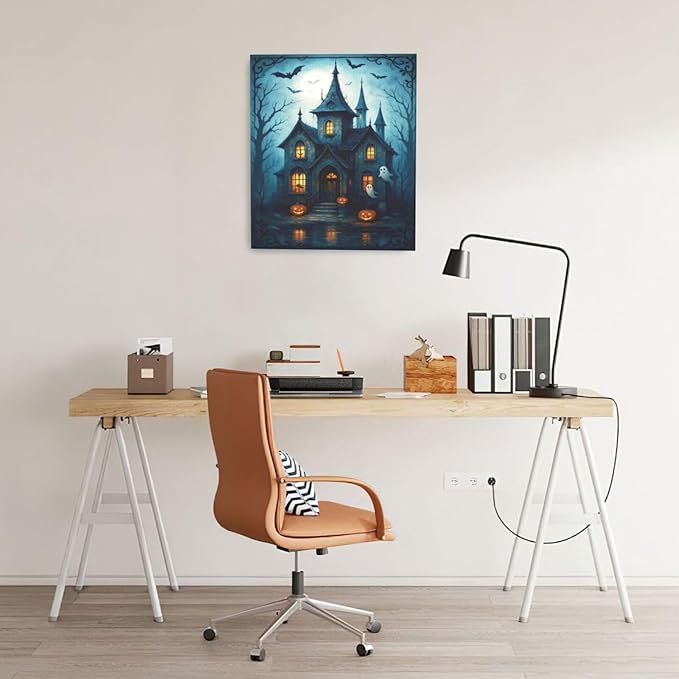 Halloween Gothic Wall Art Castle Pumpkin Ghost Bat Canvas Wall Decor Dark Academia Pictures Painting Print Framed Artwork Decorations Gifts for Halloween Living Room Bedroom Office 20"x24"