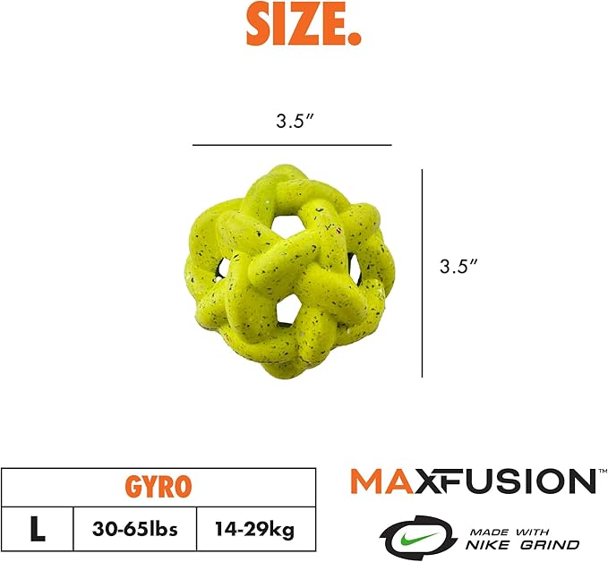 Max Fusion with Nike Grind, Arlee Gyro Treat Dispensing Dog Toy, Durable Dog Treat Toy, L