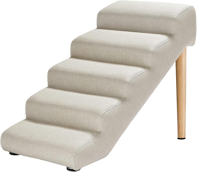 Senneny Imitation Linen Faux Leather Dog Stairs, for Pets up to 150 lbs, Waterproof, Scratch Resistant Pet Steps/Stairs with High Density Foam and Detachable Wooden Legs, Light Beige Linen, 5 Step