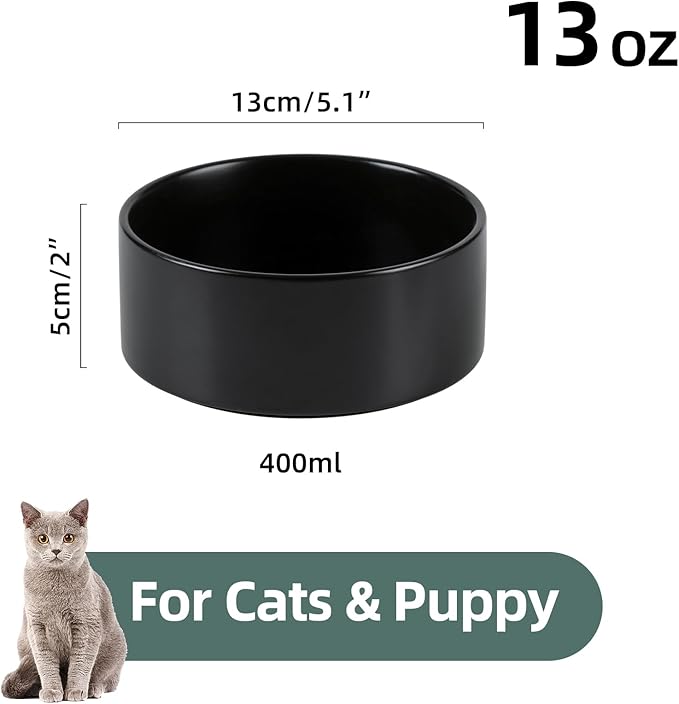Ceramic 5.1inch Set of 2 Dog and Cat Bowls, Food and Water Feeder for Small Breed Dogs, Kitty, Cats, 2pcs Dog & Cat Dishes(2 Bowls, Black)