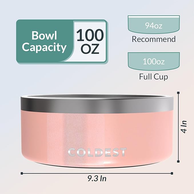Coldest Dog Bowl - Anti Rust Metal, Non Slip, 3 Layers Insulated Stainless Steel Dog Bowls - Spill Proof & Heavy Duty - Water Bowl for Dogs, Cats, Dish Washer Safe (100 oz, Forever Pink Glitter)