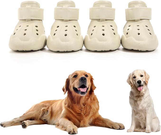 Dog Shoes, Dog Sandals for Hot Pavement, Non-Slip Waterproof Dog Booties for Winter Snowy Day and Summer, Adjustable Straps Easy-Clean Beach Outdoor Pet Boots Rugged Sole-4Pcs Beige