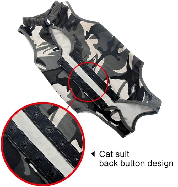 DOTON Cat Recovery Suit for Male and Female Surgical Post Surgery Soft Cone Onesie Shirt Clothes Neuter Licking Protective Diapers Outfit Cover Kitten Spay Collar(S, Camouflage)