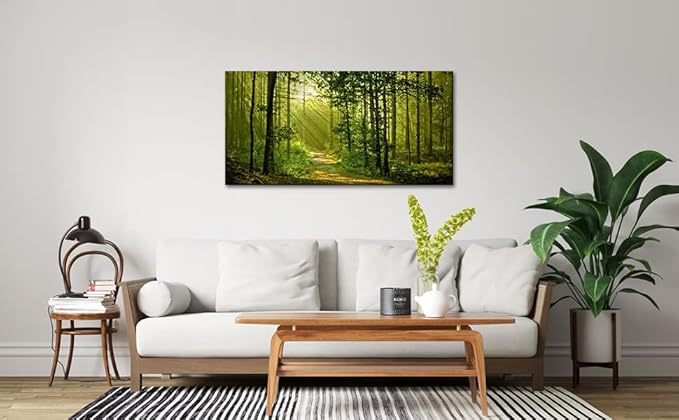Green Morning Sunlight Forest Scenery Canvas Wall Art for Bedroom Home,Beautiful Silent Summer Woods Picture Print Artwork Painting Decor,Mordern Realism Rustic Wilderness Landscape,Inner Frame 24x48