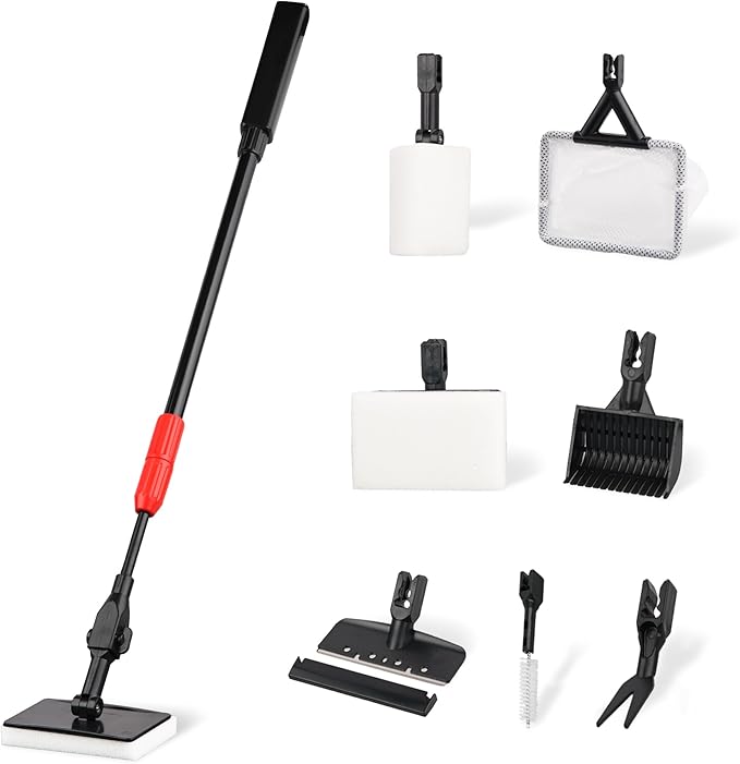 Aquarium Cleaning Tools 7 in 1 - Fish Tank Cleaning Kit with Algae Scraper, Scrubber Pad, Adjustable Telescopic Long Handle, Fish Net, Gravel Rake, Fork & Brush - Saltwater & Freshwater Tank