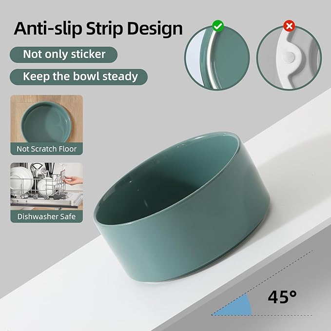Ceramic Elevated Cat Food and Water Bowl, Kitty Bowl, Raised Cat Dish, Pet Feeder (5.1 in, 2 x Dark Green + Stand)
