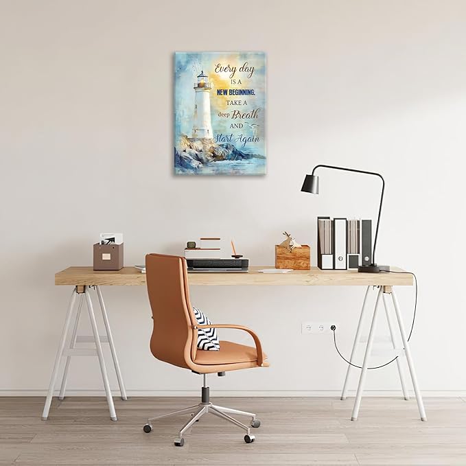 Ocean Lighthouse Pictures Wall Art, Coastal Nautical Bathroom Wall Decor Every Day is a New Beginning Motivational Quote Framed Painting Canvas Artwork for Bedroom Living Room Decorations 16"L x 12"W