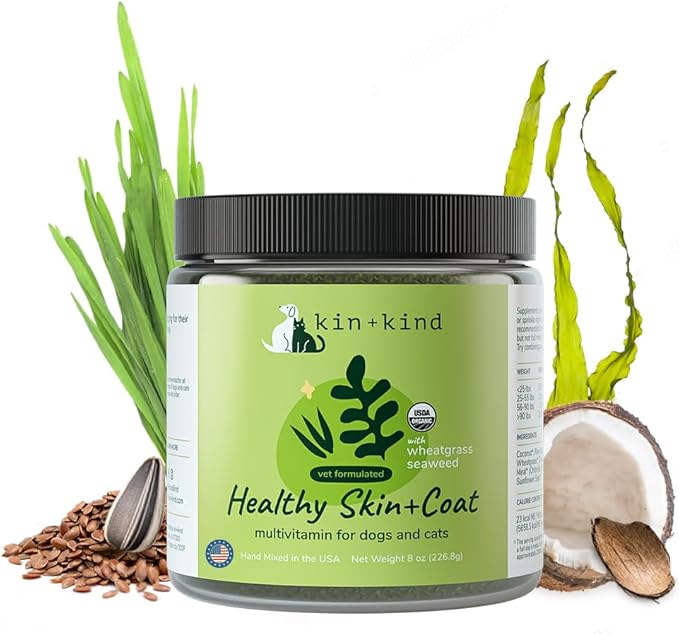 kin+kind Organic Multivitamin for Dogs & Cats - Pet Supplement for Healthy Skin and Coat - Safe, Natural Formula with Wheatgrass, Kelp, Seaweed and Coconut - Made in USA - 8 oz (Large)