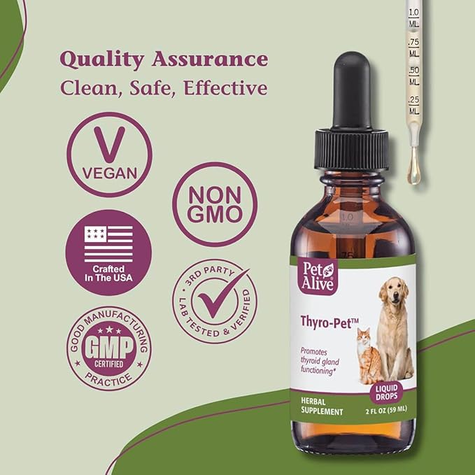 PetAlive Thyro-Pet – Herbal Thyroid Support Supplement for Dogs & Cats - Liquid Formula with Bladderwrack, Nettle, and Astragalus - Plant-Based Daily Drops for Healthy Thyroid Function – 2 oz Tincture